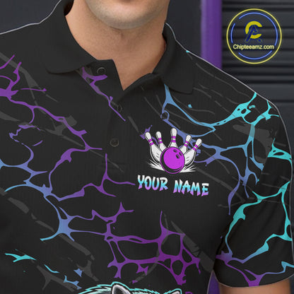 Neon Blue Purple Funny Raccoon Bowling Team Shirt Customized Bowling League Polo & 1/4 Zip Gift For Men NBT893