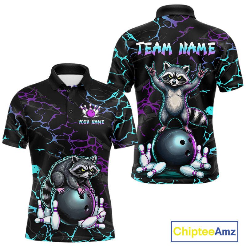 Neon Blue Purple Funny Raccoon Bowling Team Shirt Customized Bowling League Polo & 1/4 Zip Gift For Men NBT893