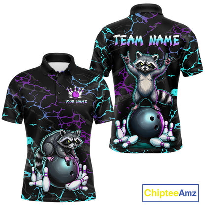 Neon Blue Purple Funny Raccoon Bowling Team Shirt Customized Bowling League Polo & 1/4 Zip Gift For Men NBT893