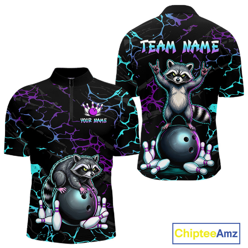 Neon Blue Purple Funny Raccoon Bowling Team Shirt Customized Bowling League Polo & 1/4 Zip Gift For Men NBT893
