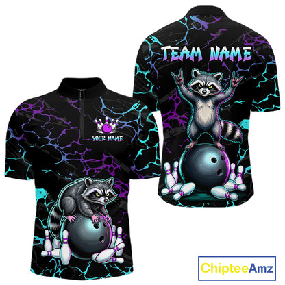 Neon Blue Purple Funny Raccoon Bowling Team Shirt Customized Bowling League Polo & 1/4 Zip Gift For Men NBT893