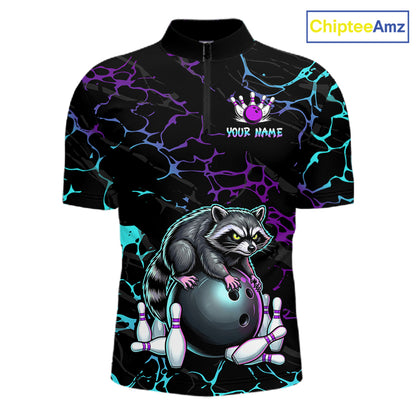Neon Blue Purple Funny Raccoon Bowling Team Shirt Customized Bowling League Polo & 1/4 Zip Gift For Men NBT893