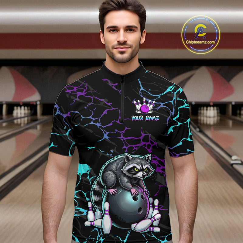 Neon Blue Purple Funny Raccoon Bowling Team Shirt Customized Bowling League Polo & 1/4 Zip Gift For Men NBT893
