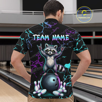 Neon Blue Purple Funny Raccoon Bowling Team Shirt Customized Bowling League Polo & 1/4 Zip Gift For Men NBT893