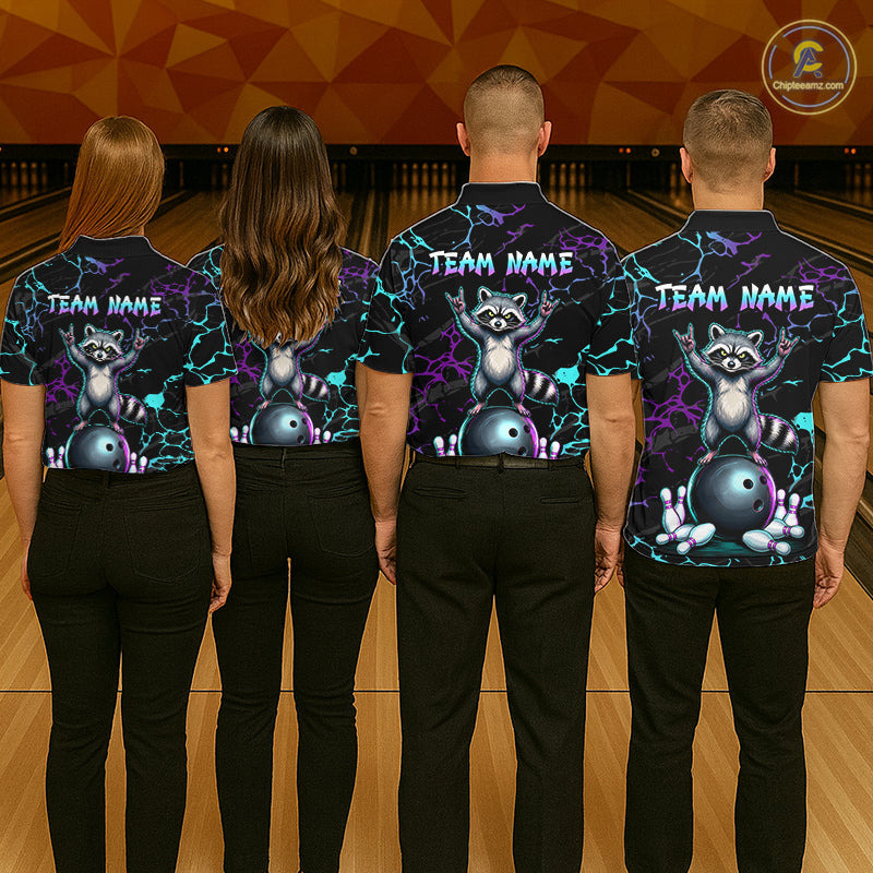 Neon Blue Purple Funny Raccoon Bowling Team Shirt Customized Bowling League Polo & 1/4 Zip Gift For Men NBT893