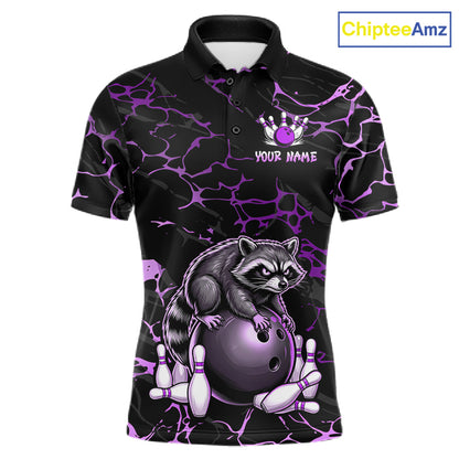 Purple Funny Raccoon Bowling Team Shirt Customized Bowling League Polo & 1/4 Zip Gift For Men NBT894