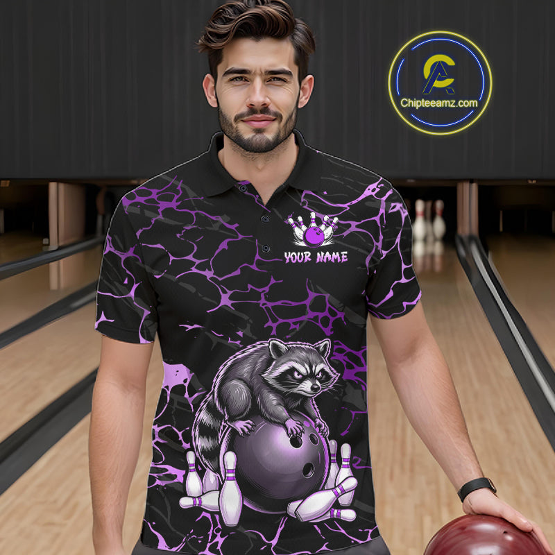 Purple Funny Raccoon Bowling Team Shirt Customized Bowling League Polo & 1/4 Zip Gift For Men NBT894