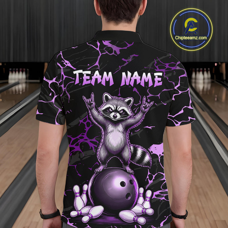 Purple Funny Raccoon Bowling Team Shirt Customized Bowling League Polo & 1/4 Zip Gift For Men NBT894