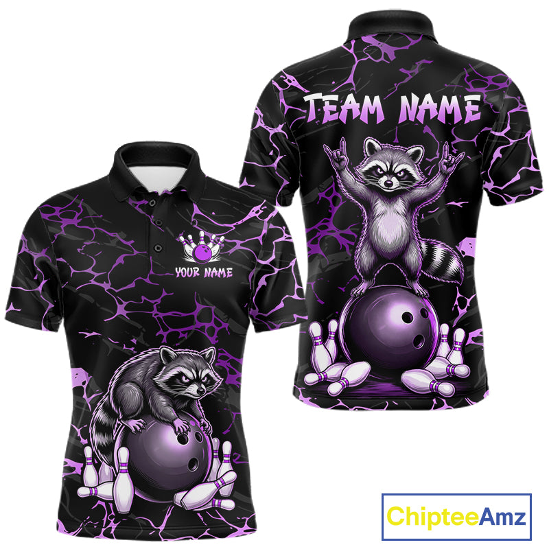Purple Funny Raccoon Bowling Team Shirt Customized Bowling League Polo & 1/4 Zip Gift For Men NBT894