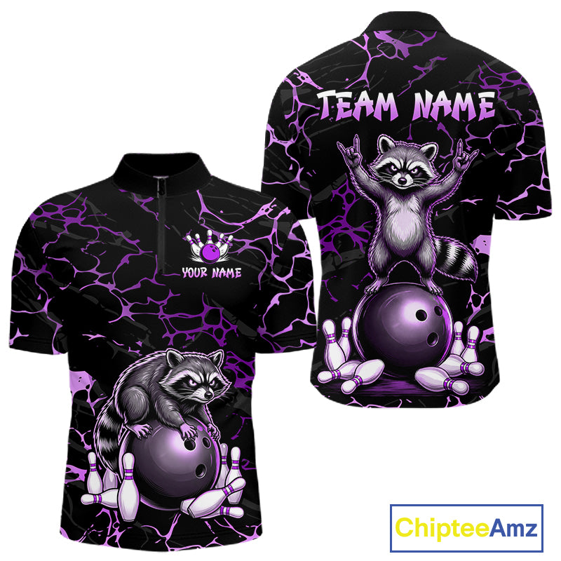 Purple Funny Raccoon Bowling Team Shirt Customized Bowling League Polo & 1/4 Zip Gift For Men NBT894
