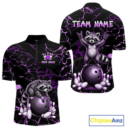 Purple Funny Raccoon Bowling Team Shirt Customized Bowling League Polo & 1/4 Zip Gift For Men NBT894