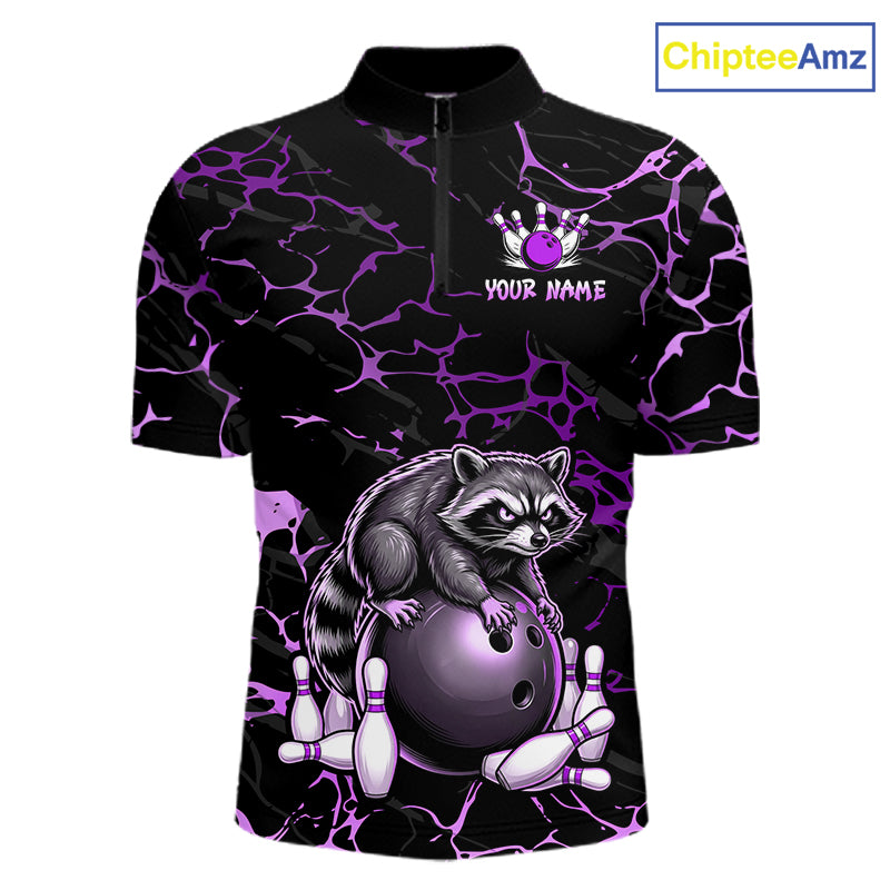 Purple Funny Raccoon Bowling Team Shirt Customized Bowling League Polo & 1/4 Zip Gift For Men NBT894