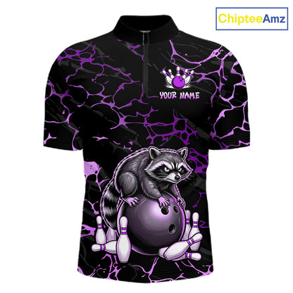 Purple Funny Raccoon Bowling Team Shirt Customized Bowling League Polo & 1/4 Zip Gift For Men NBT894