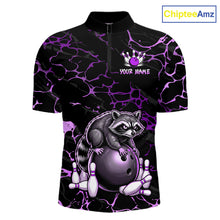 Load image into Gallery viewer, Purple Funny Raccoon Bowling Team Shirt Customized Bowling League Polo &amp; 1/4 Zip Gift For Men NBT894