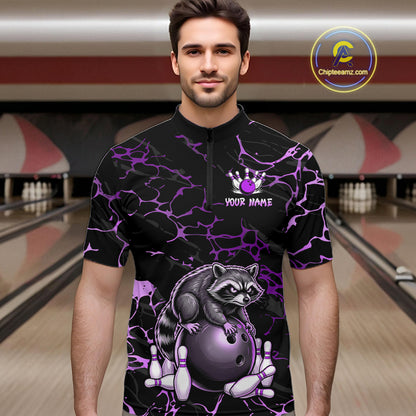 Purple Funny Raccoon Bowling Team Shirt Customized Bowling League Polo & 1/4 Zip Gift For Men NBT894