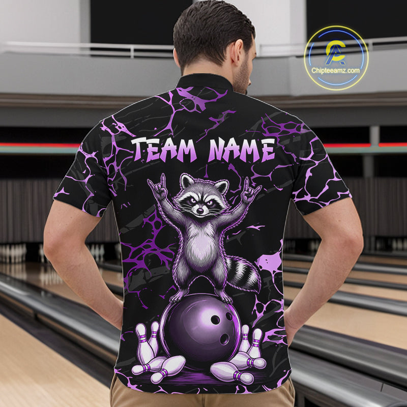 Purple Funny Raccoon Bowling Team Shirt Customized Bowling League Polo & 1/4 Zip Gift For Men NBT894