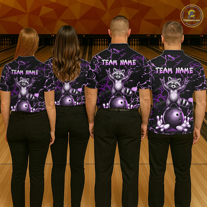 Purple Funny Raccoon Bowling Team Shirt Customized Bowling League Polo & 1/4 Zip Gift For Men NBT894