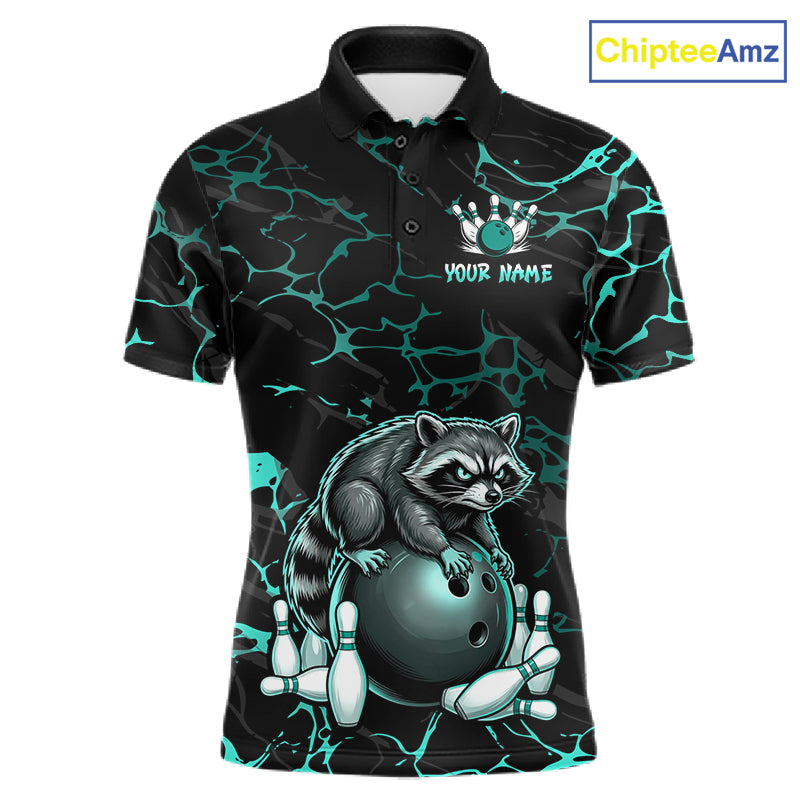 Turquoise Funny Raccoon Bowling Team Shirt Customized Bowling League Polo & 1/4 Zip Gift For Men NBT895