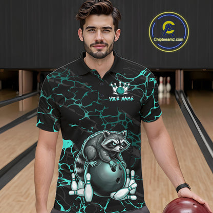 Turquoise Funny Raccoon Bowling Team Shirt Customized Bowling League Polo & 1/4 Zip Gift For Men NBT895