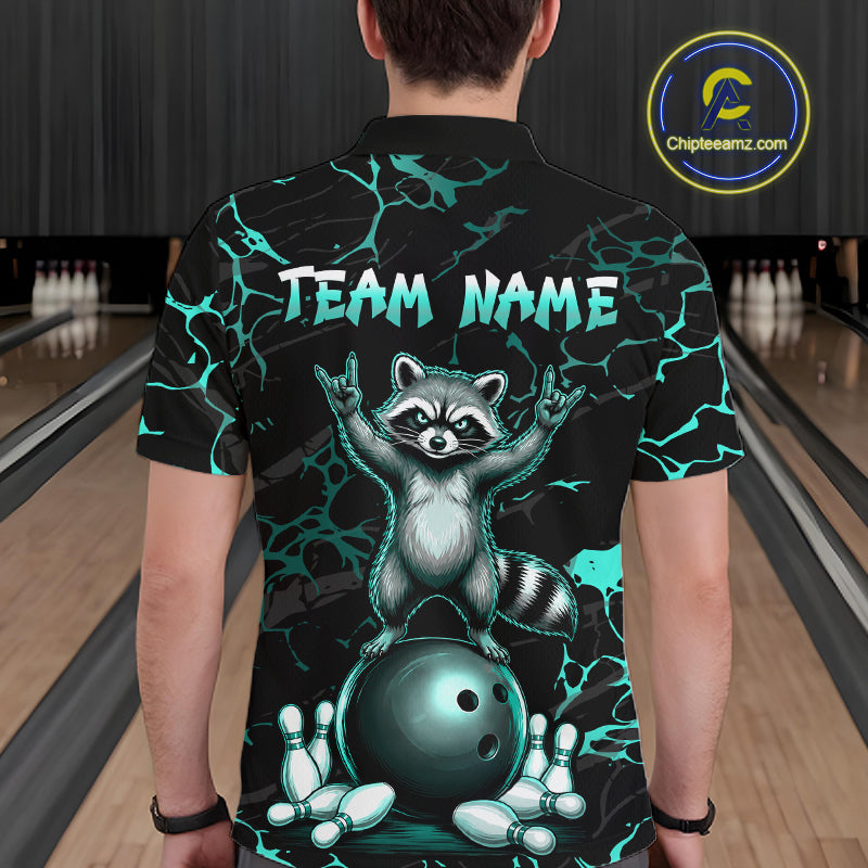 Turquoise Funny Raccoon Bowling Team Shirt Customized Bowling League Polo & 1/4 Zip Gift For Men NBT895