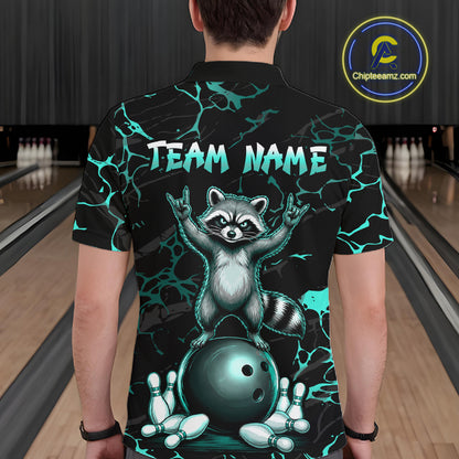 Turquoise Funny Raccoon Bowling Team Shirt Customized Bowling League Polo & 1/4 Zip Gift For Men NBT895