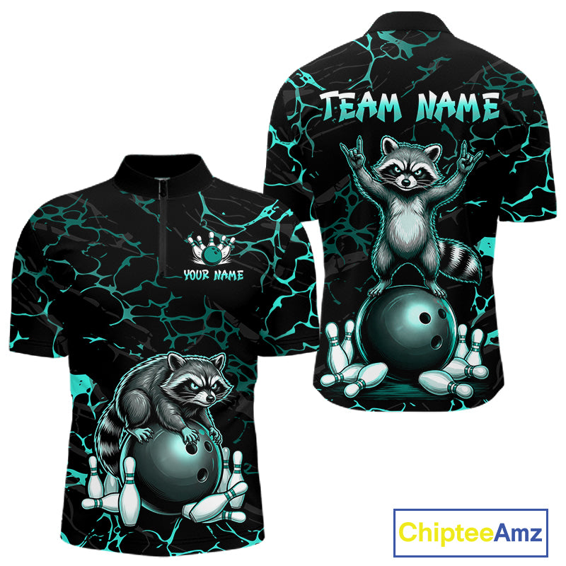 Turquoise Funny Raccoon Bowling Team Shirt Customized Bowling League Polo & 1/4 Zip Gift For Men NBT895
