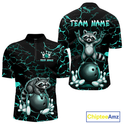 Turquoise Funny Raccoon Bowling Team Shirt Customized Bowling League Polo & 1/4 Zip Gift For Men NBT895