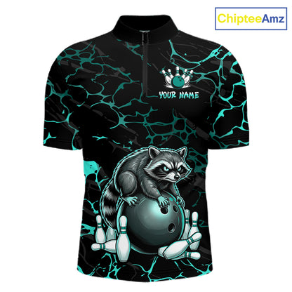 Turquoise Funny Raccoon Bowling Team Shirt Customized Bowling League Polo & 1/4 Zip Gift For Men NBT895