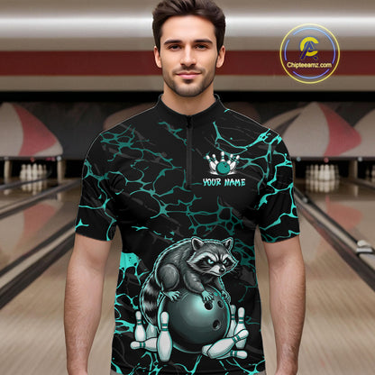 Turquoise Funny Raccoon Bowling Team Shirt Customized Bowling League Polo & 1/4 Zip Gift For Men NBT895