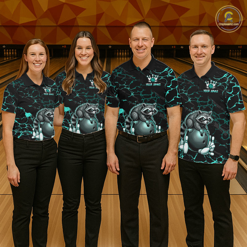Turquoise Funny Raccoon Bowling Team Shirt Customized Bowling League Polo & 1/4 Zip Gift For Men NBT895