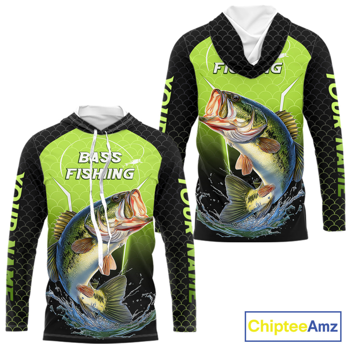 Custom Largemouth Bass Fishing Hood Fish Scale Custom Name Shirts For Men, Bass Fishing Shirts NBT369