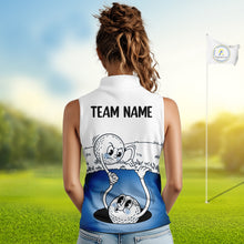 Load image into Gallery viewer, Blue Funny Sleeveless Golf Rescue Team Polo Shirt Custom Name, Golf Ball Cartoon Polo, White Golf Shirt NBT599