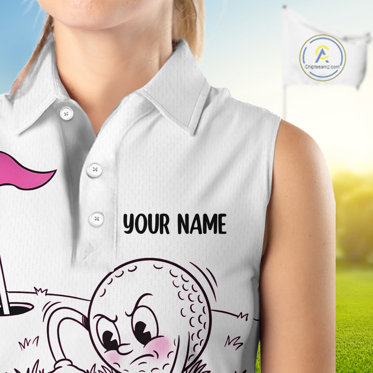 Pink Funny Sleeveless Golf Rescue Team Polo Shirt Custom Name, Golf Ball Cartoon Polo, White Golf Shirt NBT600