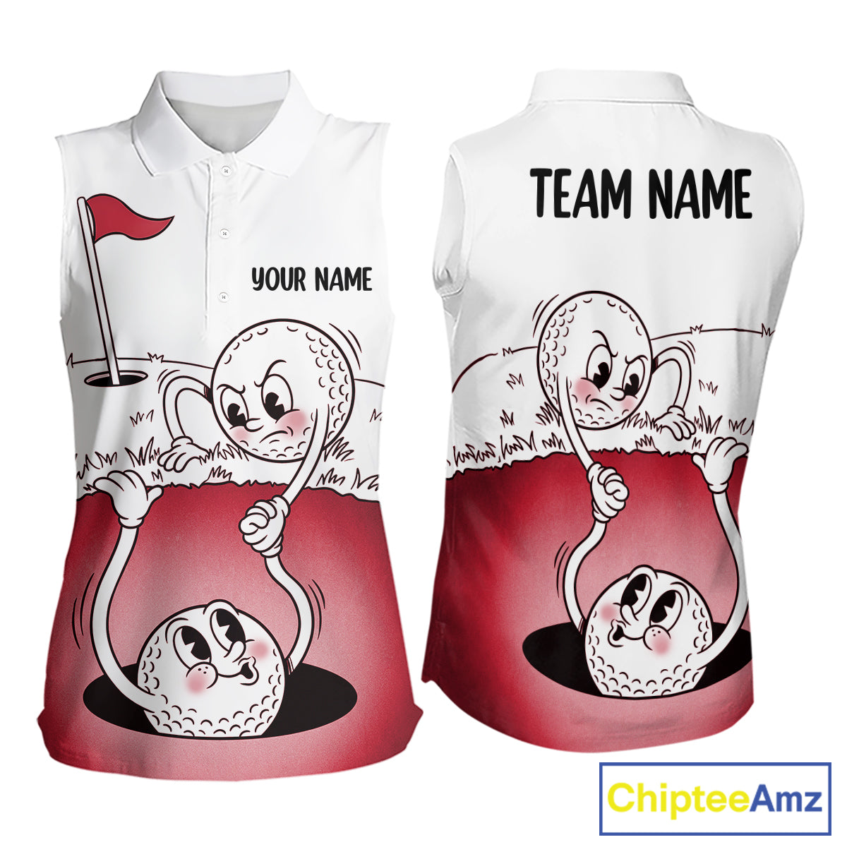 Red Funny Sleeveless Golf Rescue Team Polo Shirt Custom Name, Golf Ball Cartoon Polo, White Golf Shirt NBT601