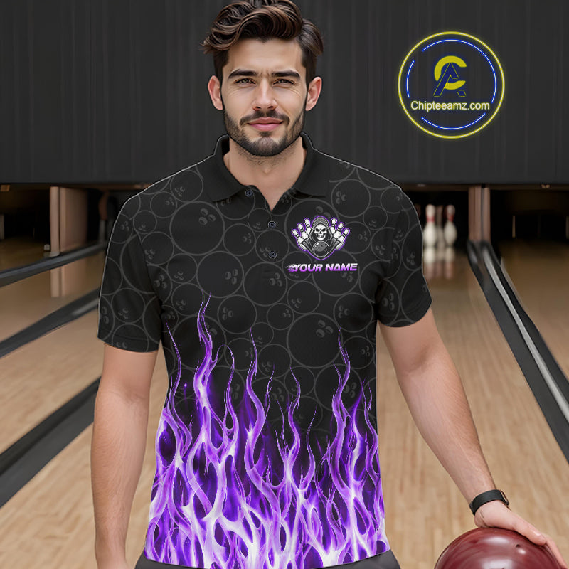 Custom Purple Fire Flame Grim Reaper Skull Bowling Menpolo & 1/4 Quarter Zip Shirt, Halloween Outfit NBT900
