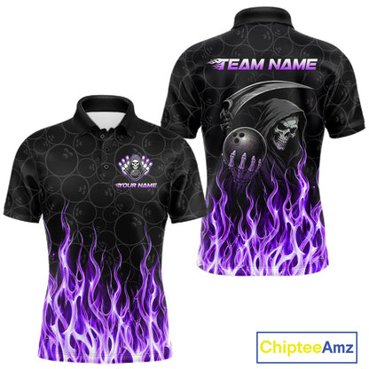 Custom Purple Fire Flame Grim Reaper Skull Bowling Menpolo & 1/4 Quarter Zip Shirt, Halloween Outfit NBT900