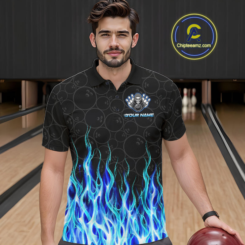 Custom Blue Fire Flame Grim Reaper Skull Bowling Menpolo & 1/4 Quarter Zip Shirt, Halloween Outfit NBT901