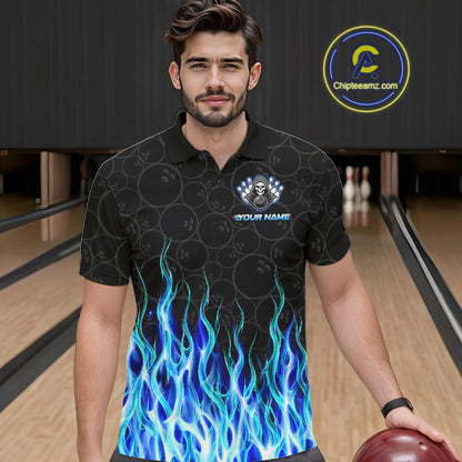 Custom Blue Fire Flame Grim Reaper Skull Bowling Menpolo & 1/4 Quarter Zip Shirt, Halloween Outfit NBT901