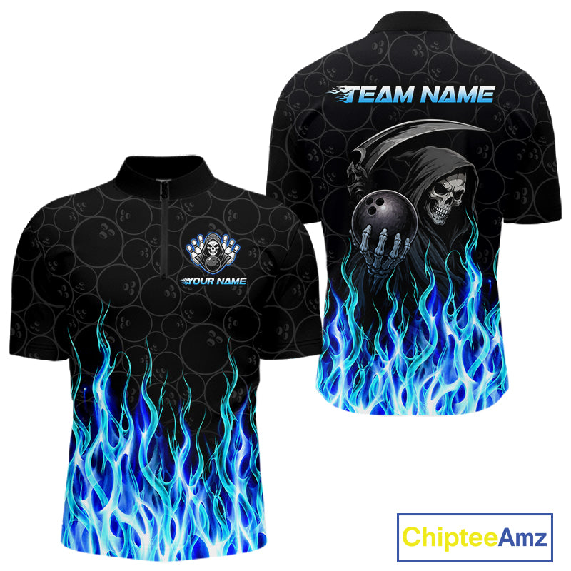 Custom Blue Fire Flame Grim Reaper Skull Bowling Menpolo & 1/4 Quarter Zip Shirt, Halloween Outfit NBT901