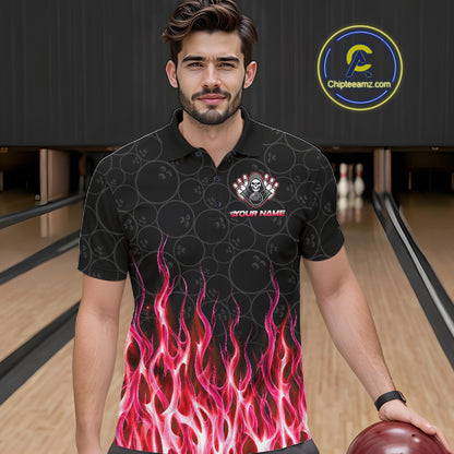 Custom Red Fire Flame Grim Reaper Skull Bowling Menpolo & 1/4 Quarter Zip Shirt, Halloween Outfit NBT902