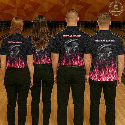 Custom Red Fire Flame Grim Reaper Skull Bowling Menpolo & 1/4 Quarter Zip Shirt, Halloween Outfit NBT902