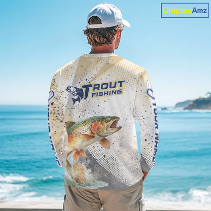 Rainbow Trout Fishing Shirts Long Sleeve Gray Beige Camo, Trout UPF Fishing Shirts NBT414