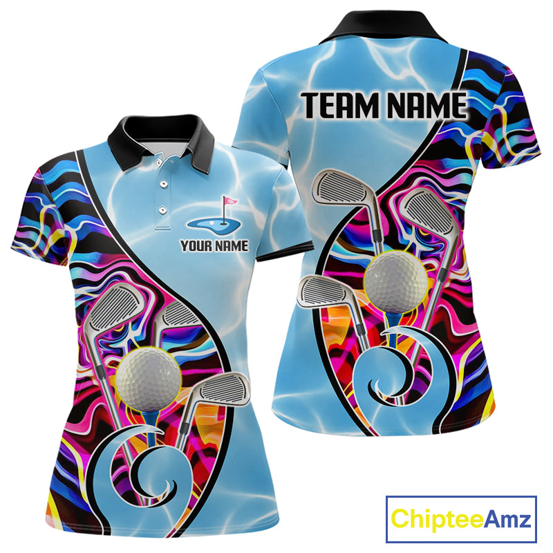 Womens Golf Polo Shirt Holographic Marble Golf Pattern For Team, Golf Attire For Women|Blue NBT724