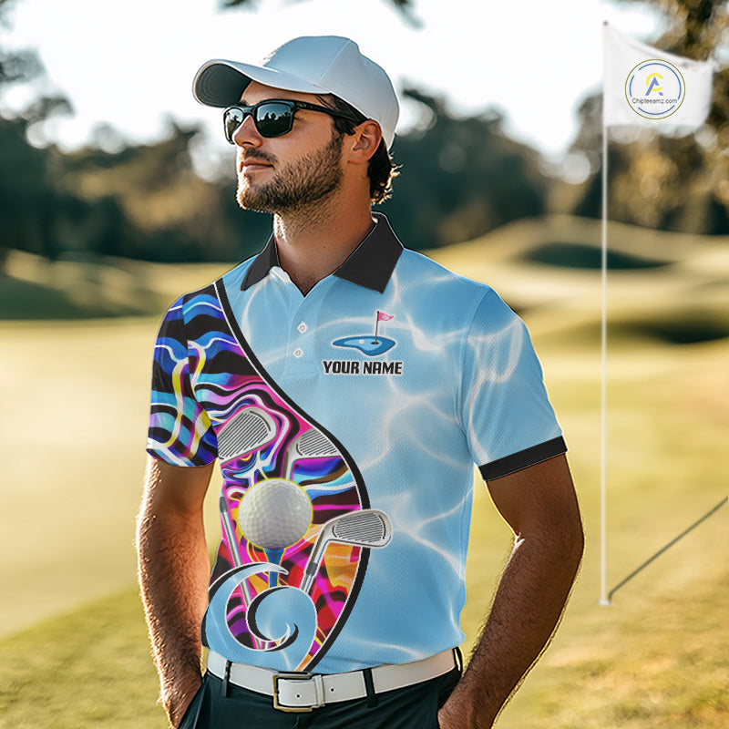 Mens Golf Polo Shirt Holographic Marble Golf Pattern For Team, Golf Attire For Men|Blue NBT724