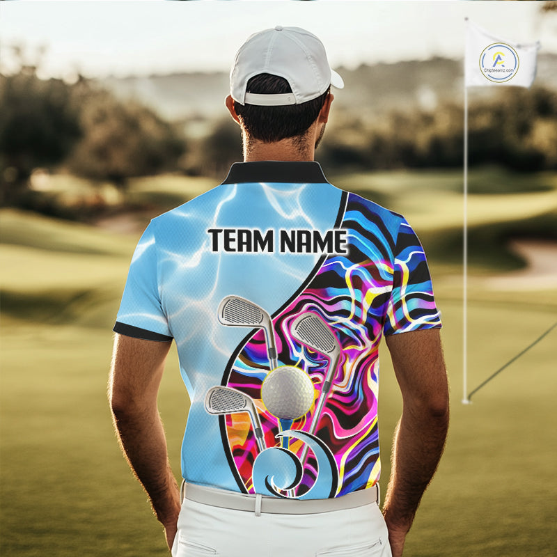Mens Golf Polo Shirt Holographic Marble Golf Pattern For Team, Golf Attire For Men|Blue NBT724
