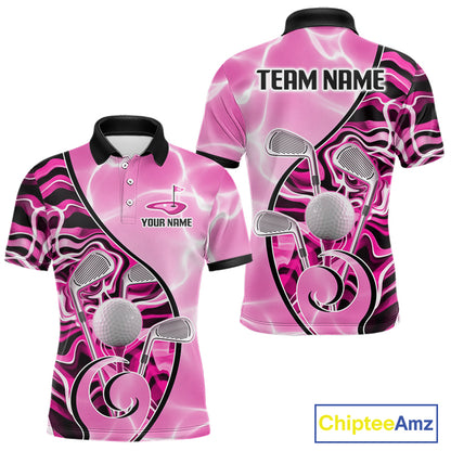 Mens Golf Polo Shirt Holographic Marble Golf Pattern For Team, Golf Attire For Men|Pink NBT726