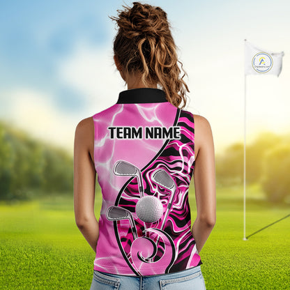 Womens Sleeveless Golf Polo Shirt Holographic Marble Golf Pattern For Team, Golf Attire For Women|Pink NBT726