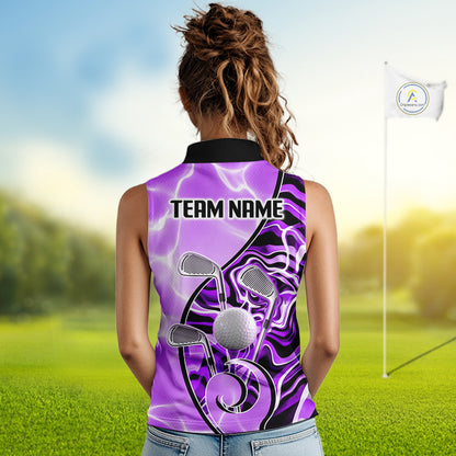 Womens Sleeveless Golf Polo Shirt Holographic Marble Golf Pattern For Team, Golf Attire For Women|Purple NBT727