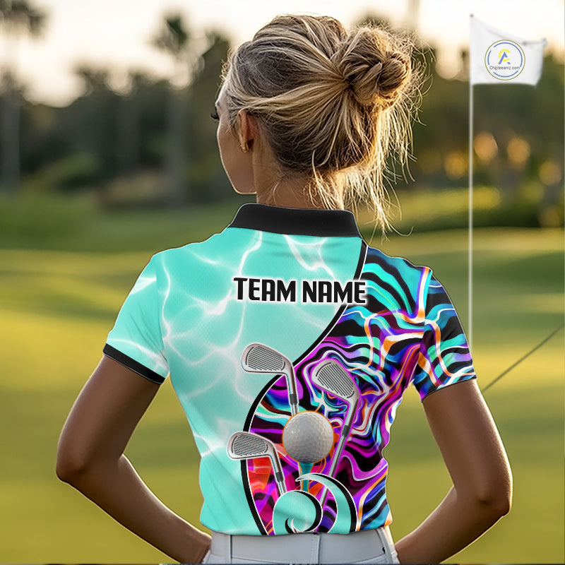 Womens Golf Polo Shirt Holographic Marble Golf Pattern For Team, Golf Attire For Women|Turquoise NBT728