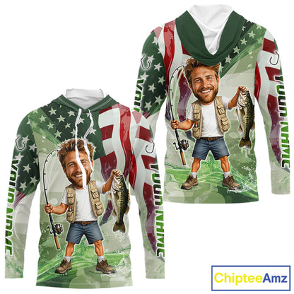 Custom Photo Funny Bass Long Sleeve Hooded Fishing Shirts American Flag For Men, Funny Bass Fishing Team|Green NBT731